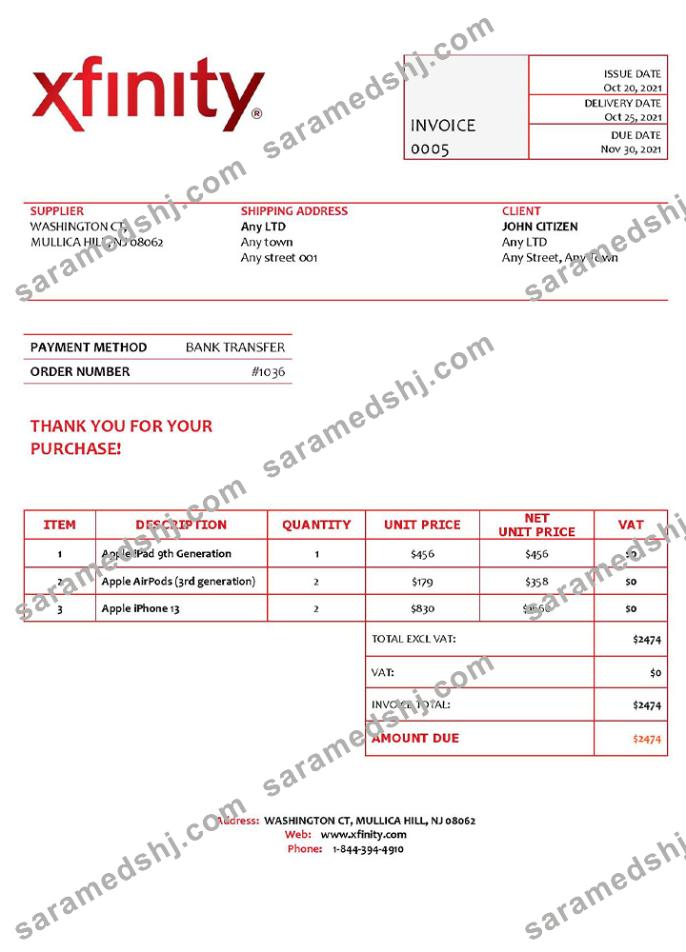 USA Xfinity invoice template